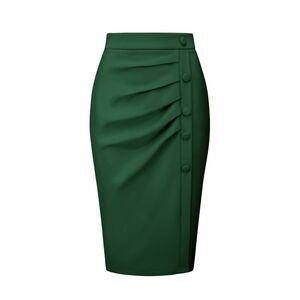 Pencil Skirt High Waist Pleated Front Workwear Midi Skirts Dark Green